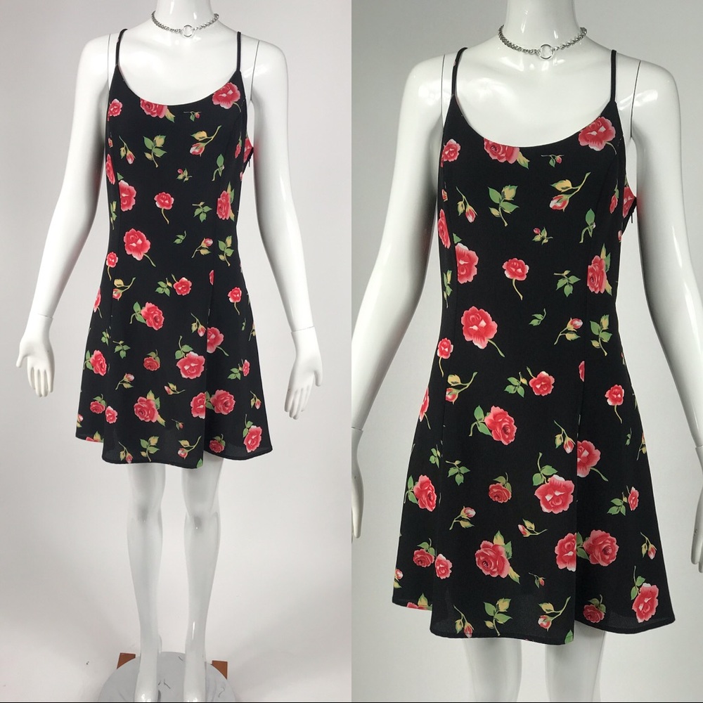 Vtg 90s black & pink rose floral grunge dress